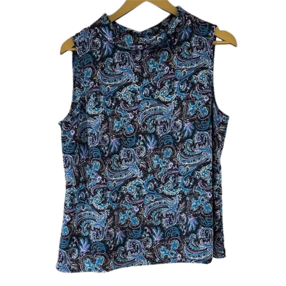 Talbots Blue Paisley Sleeveless Top Mock Neck Classic Chic Blouse